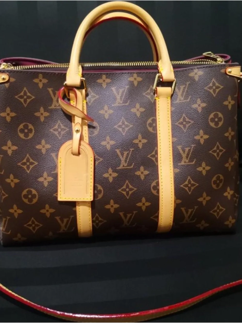 Louis Vuitton Brown Monogram Leather-Trim Satchel with Beige Handles